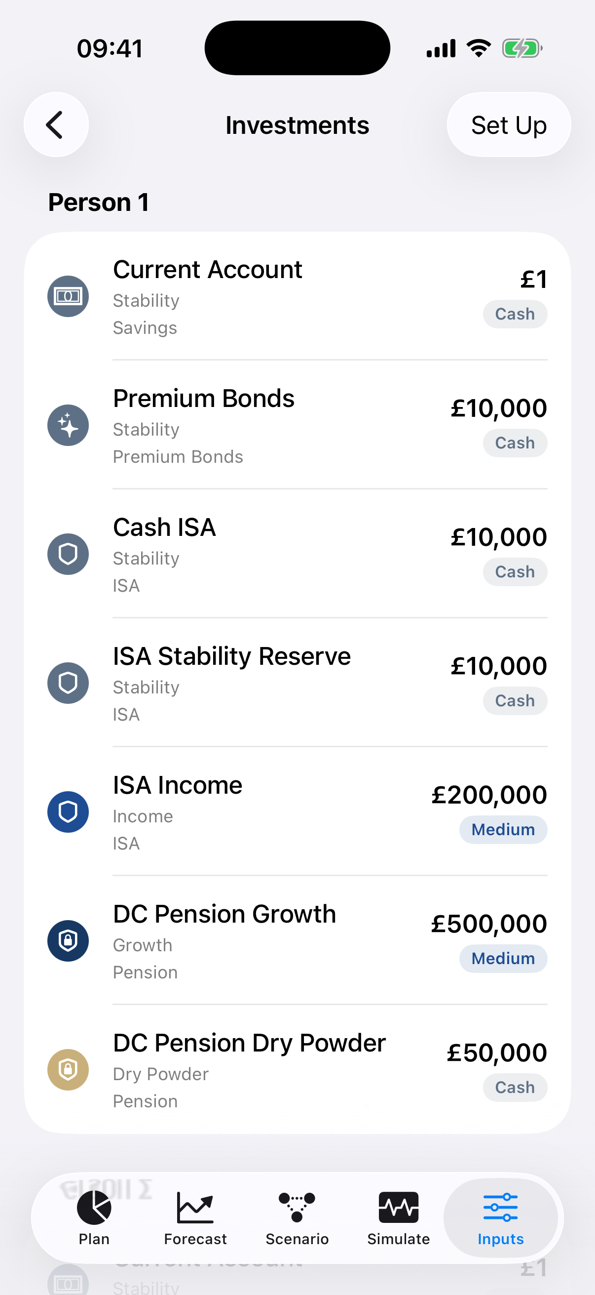 RetireOS Investments list screen