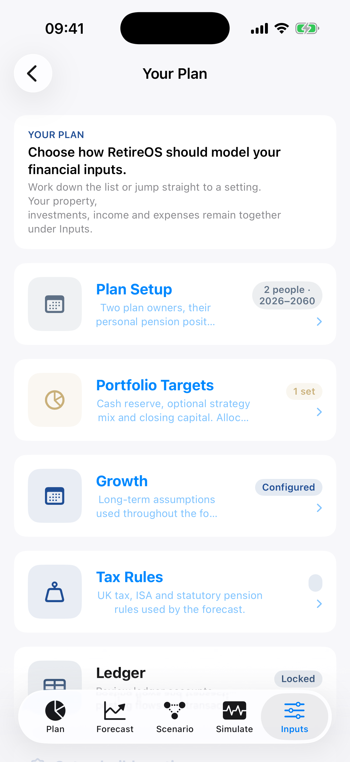 RetireOS Your Plan list screen