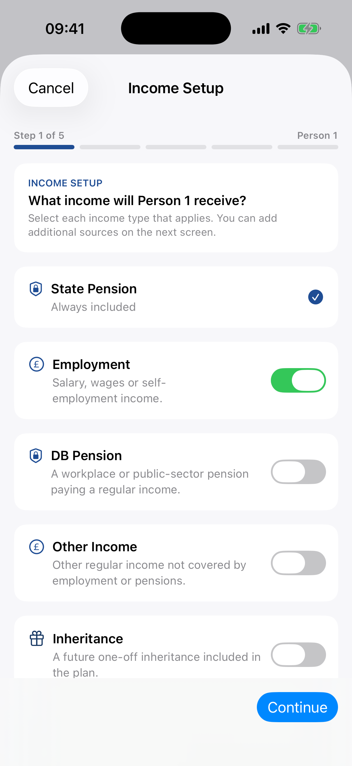 Income Setup wizard