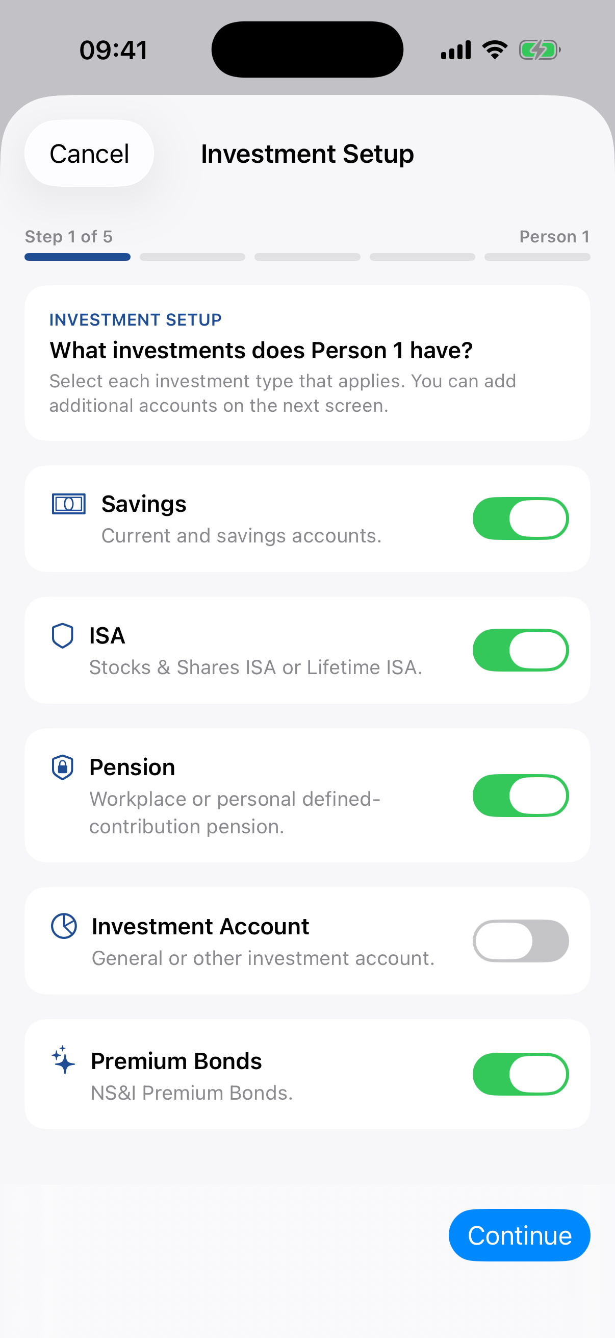 Investment Setup wizard